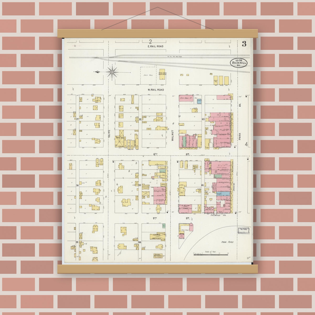 Old map wall art mockup — magnetic wood frame on brick wall — Sanborn Fire Insurance Map from Rich Hill, Bates County, Missouri (1898), Sheet #0003