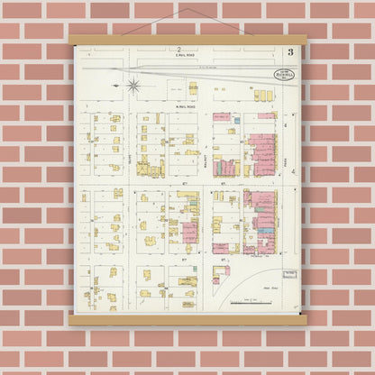 Old map wall art mockup — magnetic wood frame on brick wall — Sanborn Fire Insurance Map from Rich Hill, Bates County, Missouri (1898), Sheet #0003