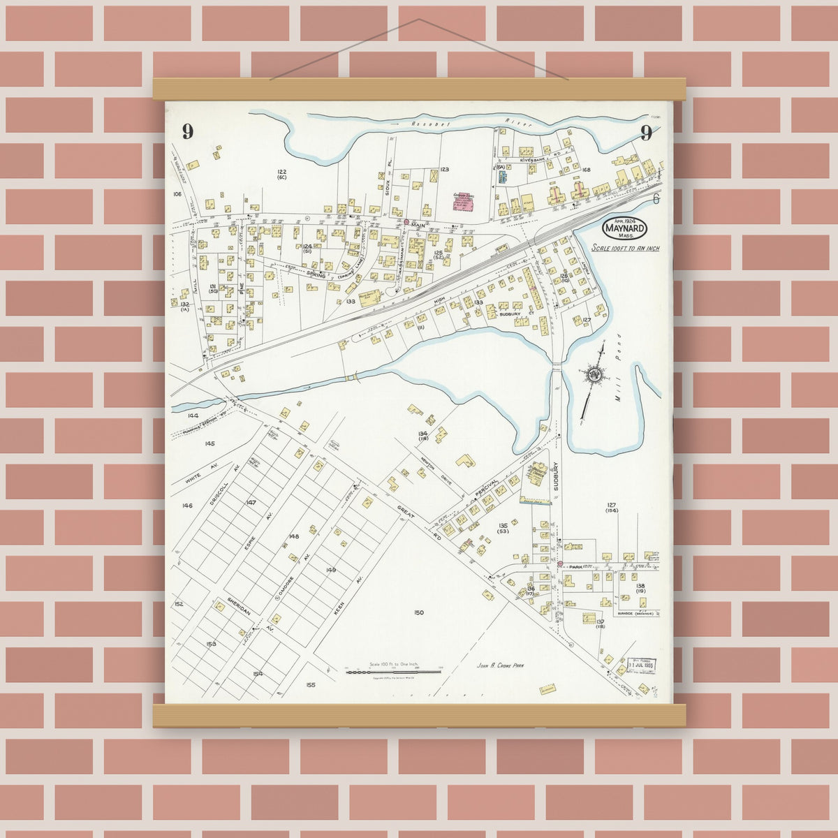 Old map wall art mockup — magnetic wood frame on brick wall — Sanborn Fire Insurance Map from Maynard, Middlesex County, Massachusetts (1924), Sheet #0009