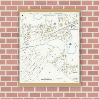 Old map wall art mockup — magnetic wood frame on brick wall — Sanborn Fire Insurance Map from Maynard, Middlesex County, Massachusetts (1924), Sheet #0009