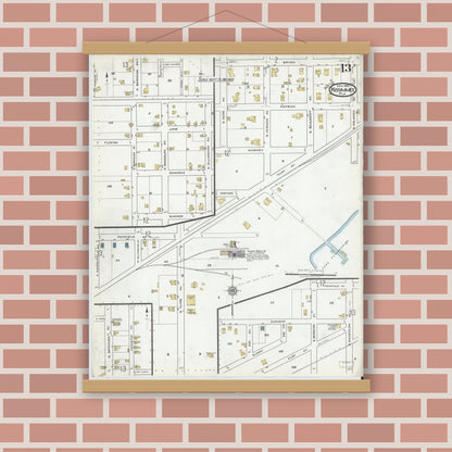 Old map wall art mockup — magnetic wood frame on brick wall — Sanborn Fire Insurance Map from Kissimmee, Osceola County, Florida (1920), Sheet #0013