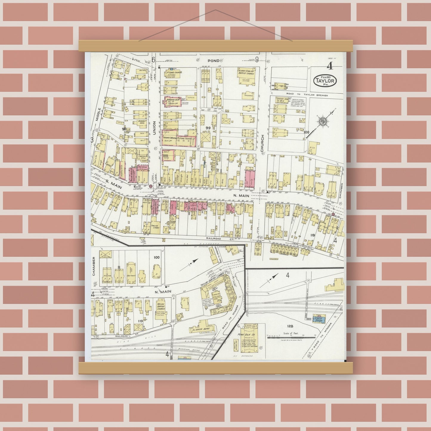 Old map wall art mockup — magnetic wood frame on brick wall — Sanborn Fire Insurance Map from Taylor, Lackawanna County, Pennsylvania (1921), Sheet #0004
