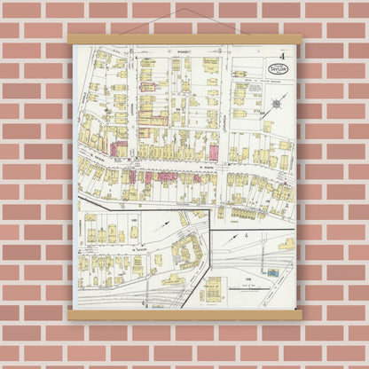 Old map wall art mockup — magnetic wood frame on brick wall — Sanborn Fire Insurance Map from Taylor, Lackawanna County, Pennsylvania (1921), Sheet #0004
