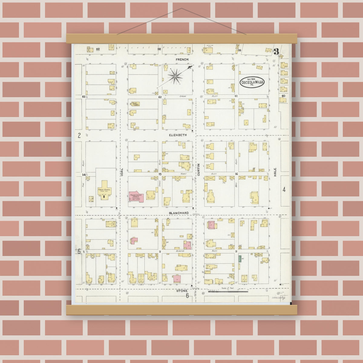 Old map wall art mockup — magnetic wood frame on brick wall — Sanborn Fire Insurance Map from Osceola Mills, Clearfield County, Pennsylvania (1904), Sheet #0003