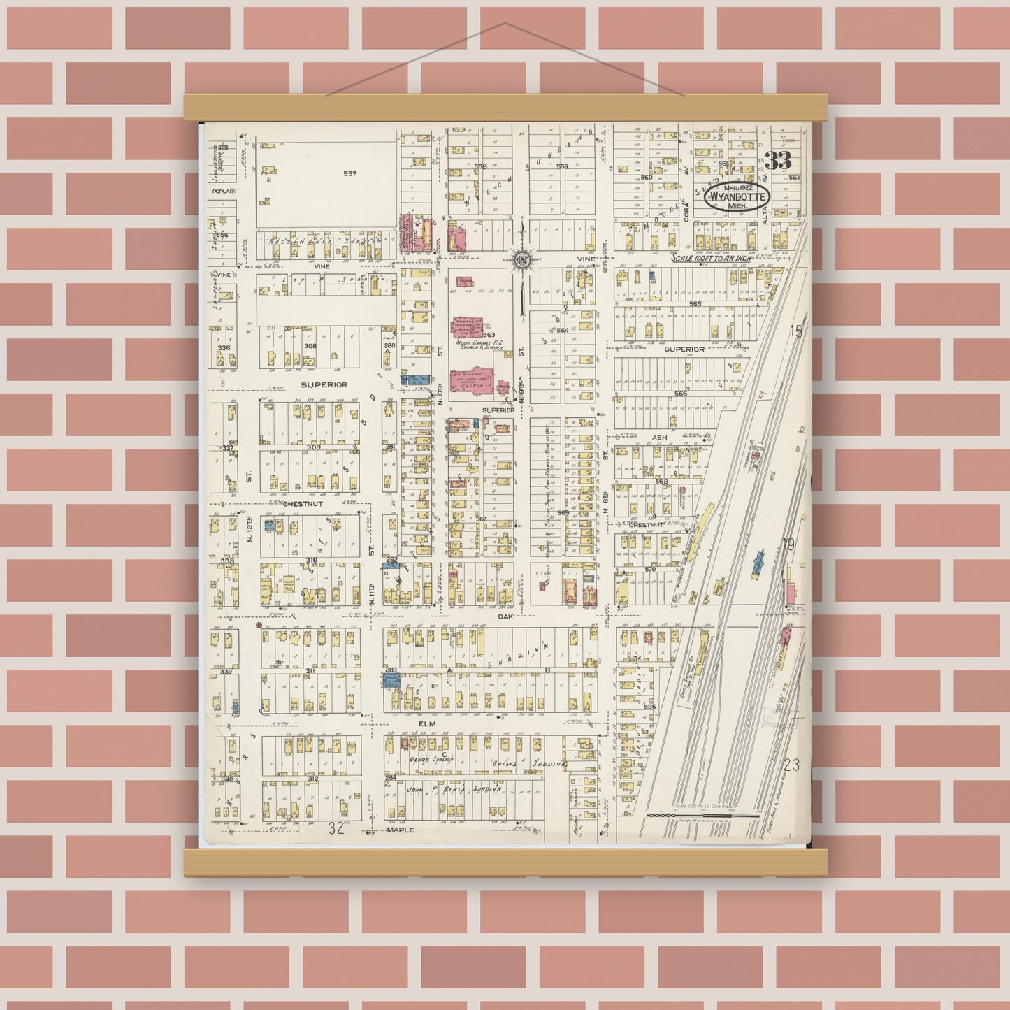 Old map wall art mockup — magnetic wood frame on brick wall — Sanborn Fire Insurance Map from Wyandotte, Wayne County, Michigan (1922), Sheet #0033