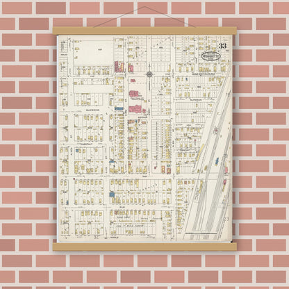 Old map wall art mockup — magnetic wood frame on brick wall — Sanborn Fire Insurance Map from Wyandotte, Wayne County, Michigan (1922), Sheet #0033