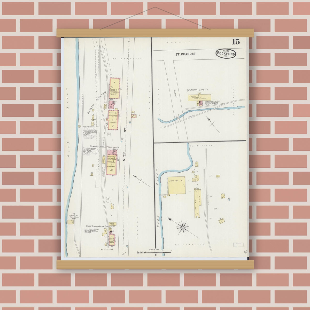 Old map wall art mockup — magnetic wood frame on brick wall — Sanborn Fire Insurance Map from Rockford, Winnebago County, Illinois (1891), Sheet #0015
