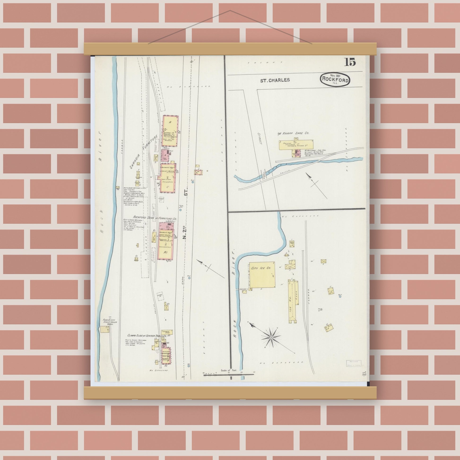 Old map wall art mockup — magnetic wood frame on brick wall — Sanborn Fire Insurance Map from Rockford, Winnebago County, Illinois (1891), Sheet #0015