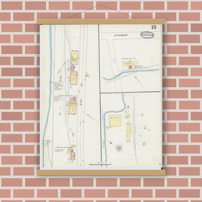 Old map wall art mockup — magnetic wood frame on brick wall — Sanborn Fire Insurance Map from Rockford, Winnebago County, Illinois (1891), Sheet #0015