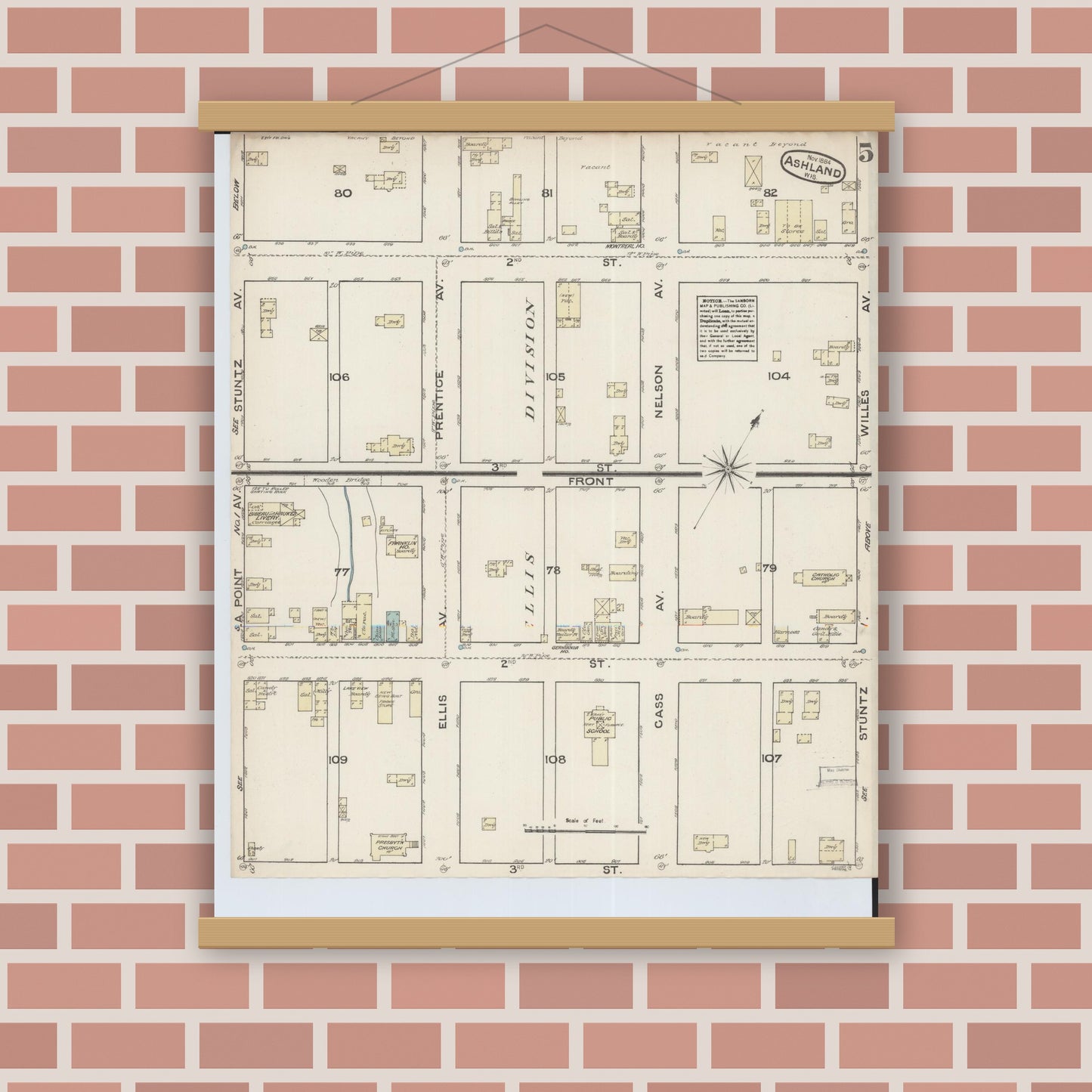 Old map wall art mockup — magnetic wood frame on brick wall — Sanborn Fire Insurance Map from Ashland, Ashland County, Wisconsin (1884), Sheet #0005