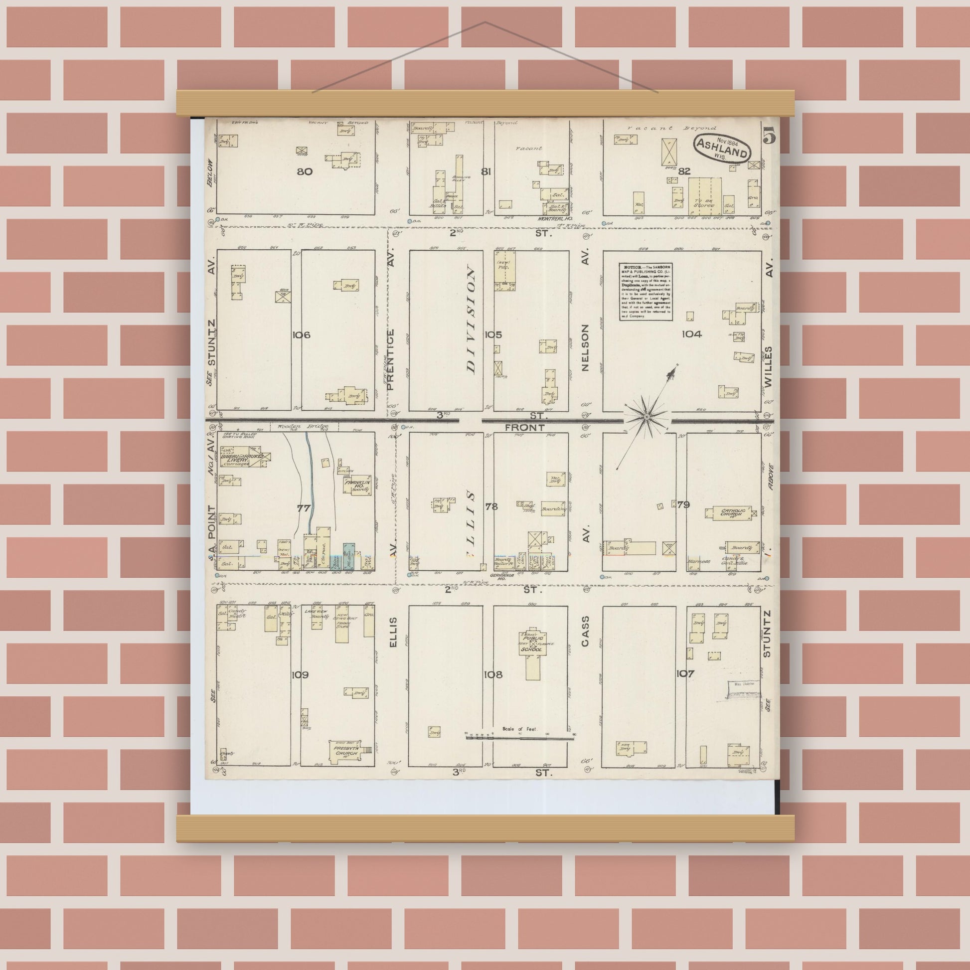 Old map wall art mockup — magnetic wood frame on brick wall — Sanborn Fire Insurance Map from Ashland, Ashland County, Wisconsin (1884), Sheet #0005