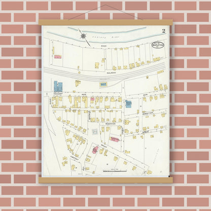 Old map wall art mockup — magnetic wood frame on brick wall — Sanborn Fire Insurance Map from Mapleton, Huntingdon County, Pennsylvania (1911), Sheet #0002