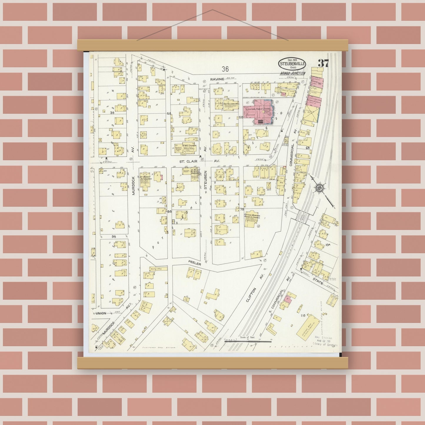 Old map wall art mockup — magnetic wood frame on brick wall — Sanborn Fire Insurance Map from Steubenville, Jefferson County, Ohio (1913), Sheet #0037
