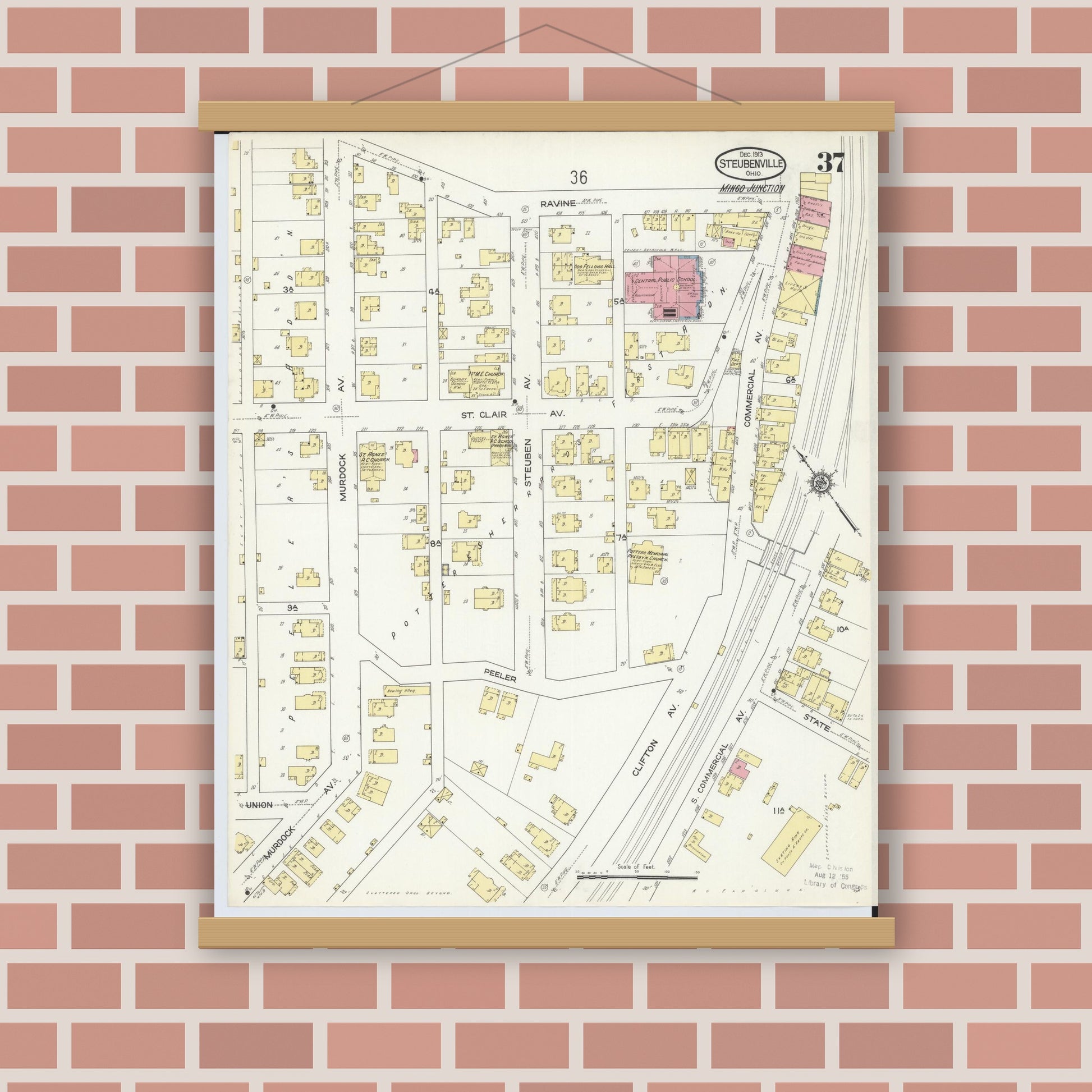 Old map wall art mockup — magnetic wood frame on brick wall — Sanborn Fire Insurance Map from Steubenville, Jefferson County, Ohio (1913), Sheet #0037