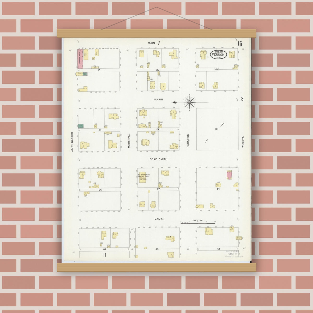 Old map wall art mockup — magnetic wood frame on brick wall — Sanborn Fire Insurance Map from Vernon, Wilbarger County, Texas (1907), Sheet #0006