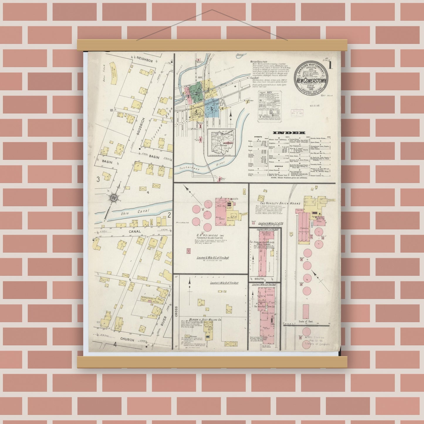Old map wall art mockup — magnetic wood frame on brick wall — Sanborn Fire Insurance Map from Newcomerstown, Tuscarawas County, Ohio (1915) - Complete Map Set
