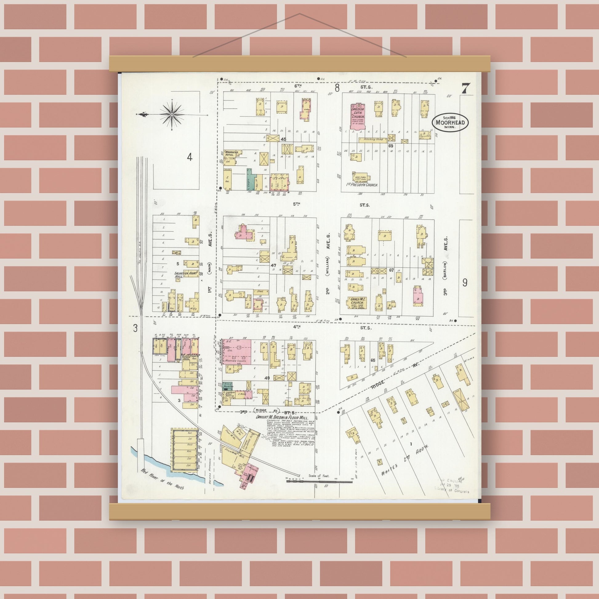 Old map wall art mockup — magnetic wood frame on brick wall — Sanborn Fire Insurance Map from Moorhead, Clay County, Minnesota (1906), Sheet #0007