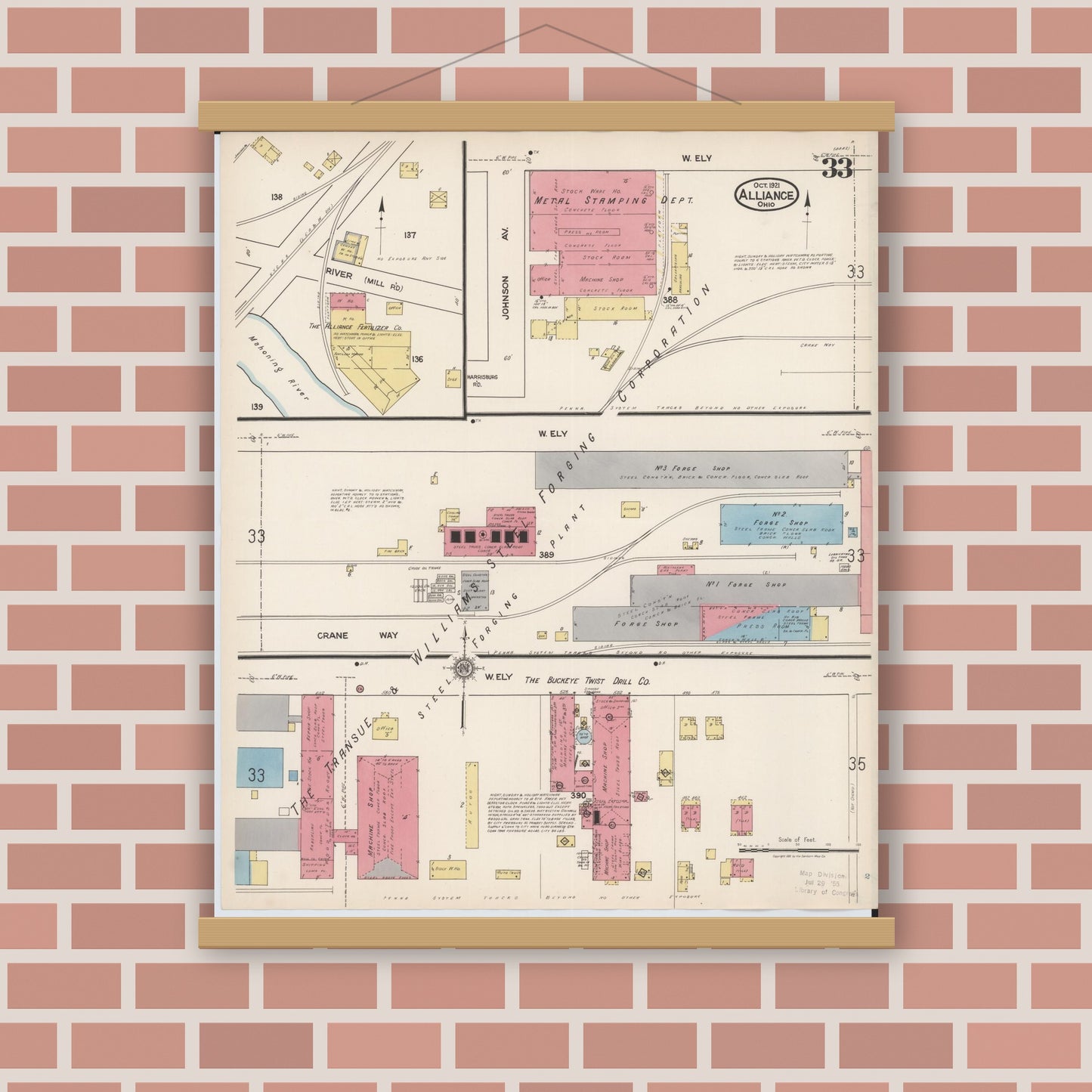 Old map wall art mockup — magnetic wood frame on brick wall — Sanborn Fire Insurance Map from Alliance, Stark County, Ohio (1921), Sheet #0033