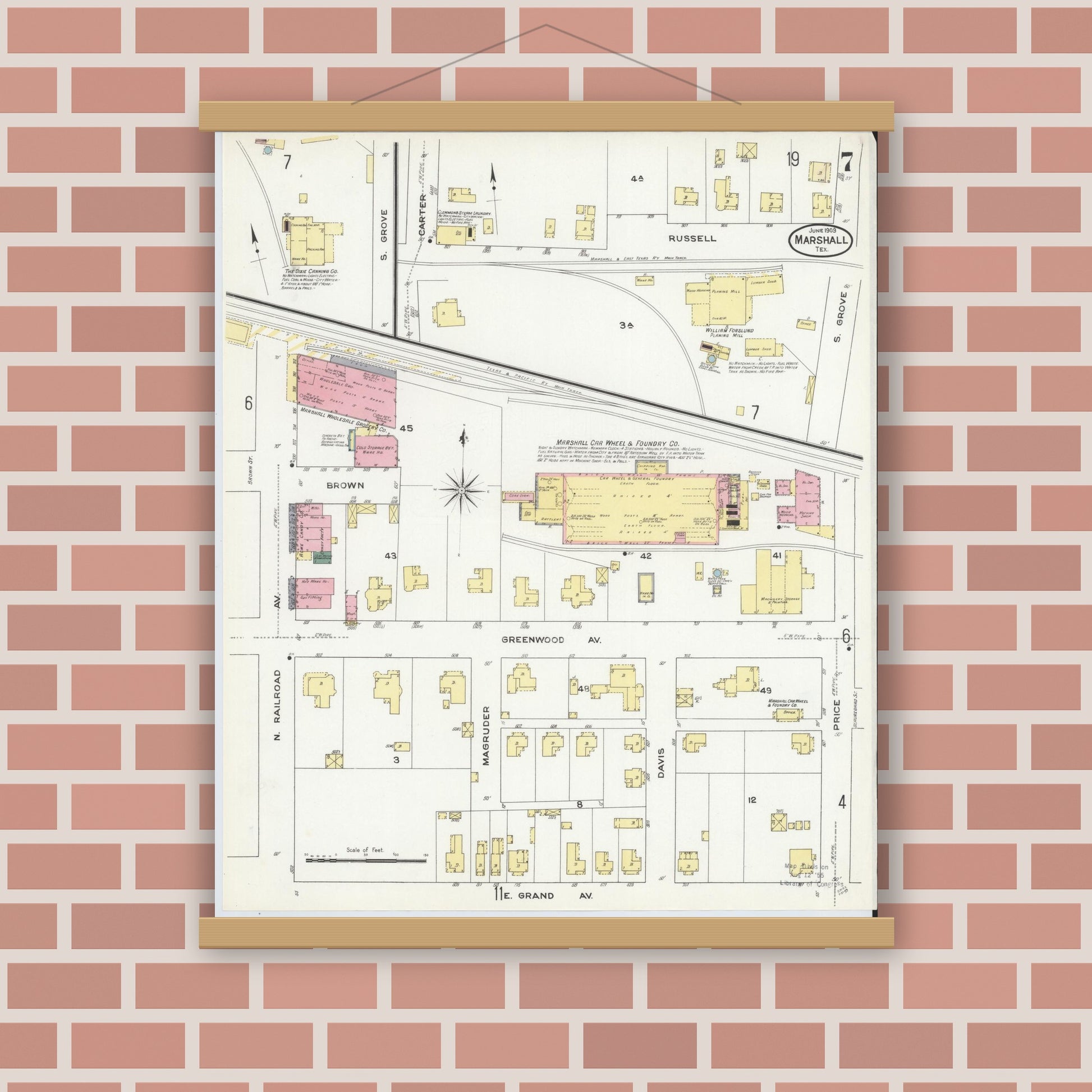 Old map wall art mockup — magnetic wood frame on brick wall — Sanborn Fire Insurance Map from Marshall, Harrison County, Texas (1909), Sheet #0007