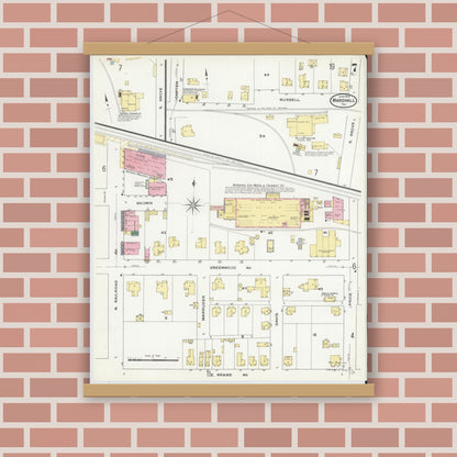 Old map wall art mockup — magnetic wood frame on brick wall — Sanborn Fire Insurance Map from Marshall, Harrison County, Texas (1909), Sheet #0007
