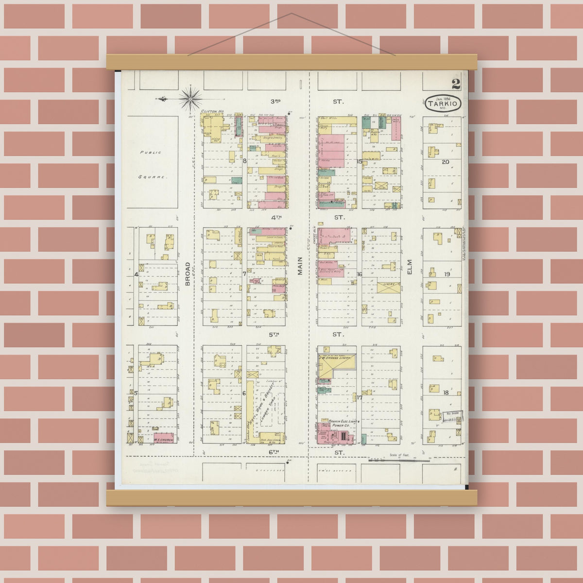 Old map wall art mockup — magnetic wood frame on brick wall — Sanborn Fire Insurance Map from Tarkio, Atchison County, Missouri (1894), Sheet #0002