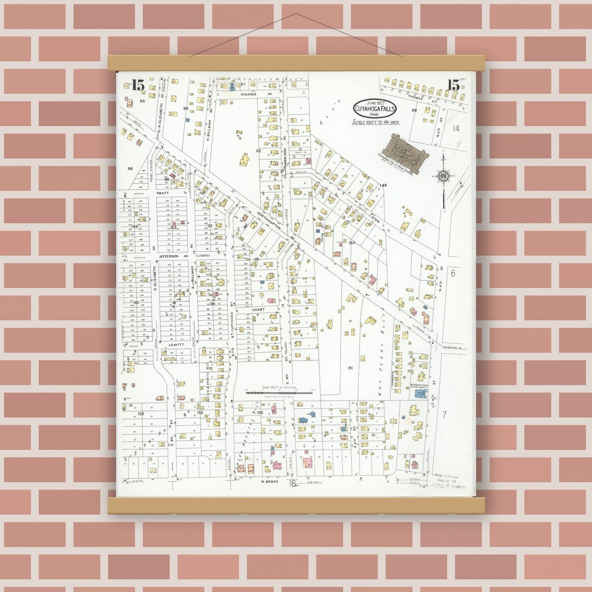 Old map wall art mockup — magnetic wood frame on brick wall — Sanborn Fire Insurance Map from Cuyahoga Falls, Summit County, Ohio (1927), Sheet #0015