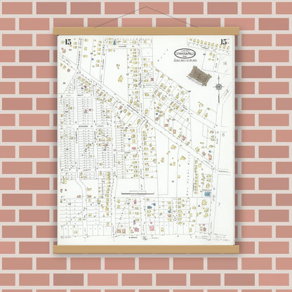 Old map wall art mockup — magnetic wood frame on brick wall — Sanborn Fire Insurance Map from Cuyahoga Falls, Summit County, Ohio (1927), Sheet #0015