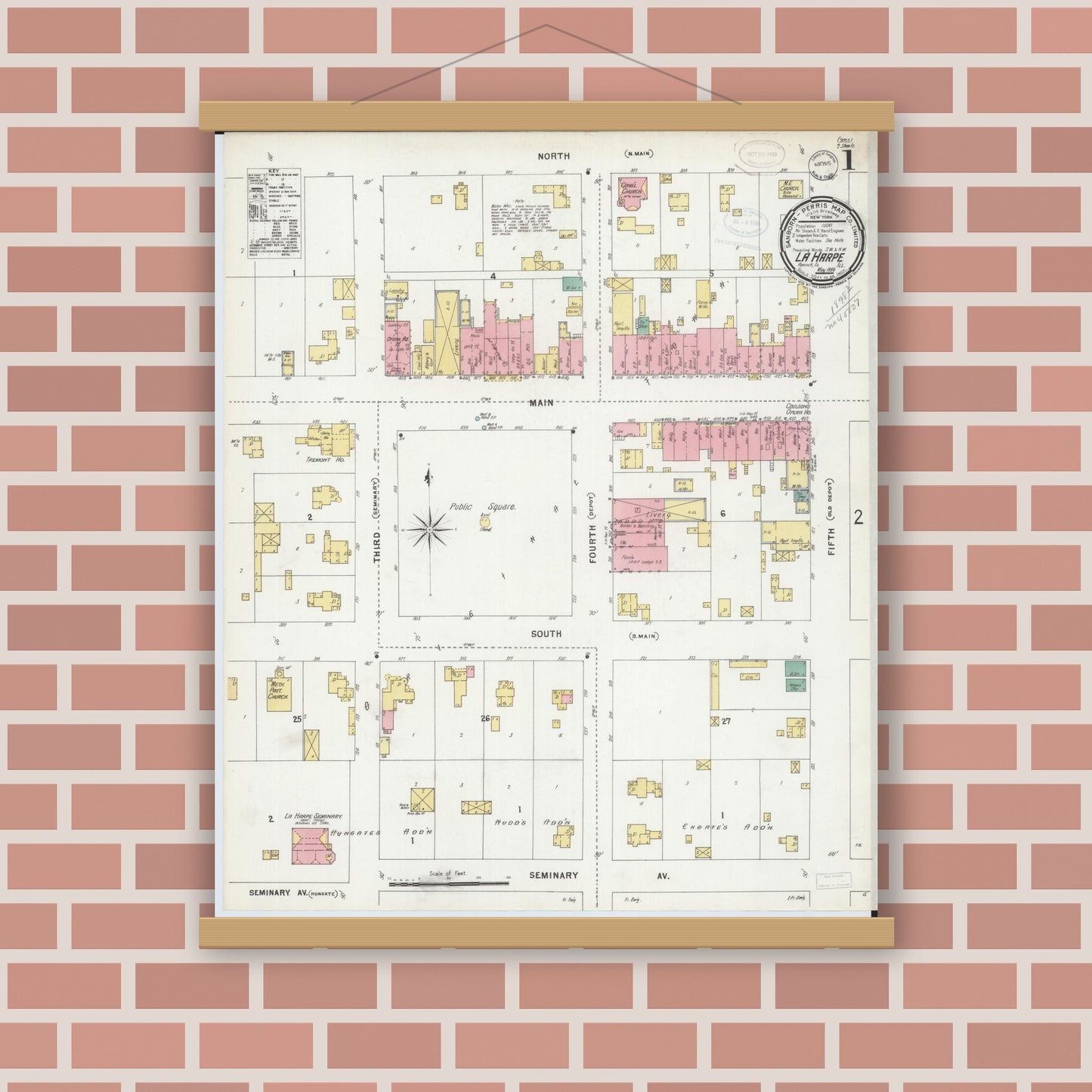 Old map wall art mockup — magnetic wood frame on brick wall — Sanborn Fire Insurance Map from La Harpe, Hancock County, Illinois (1898), Sheet #0001