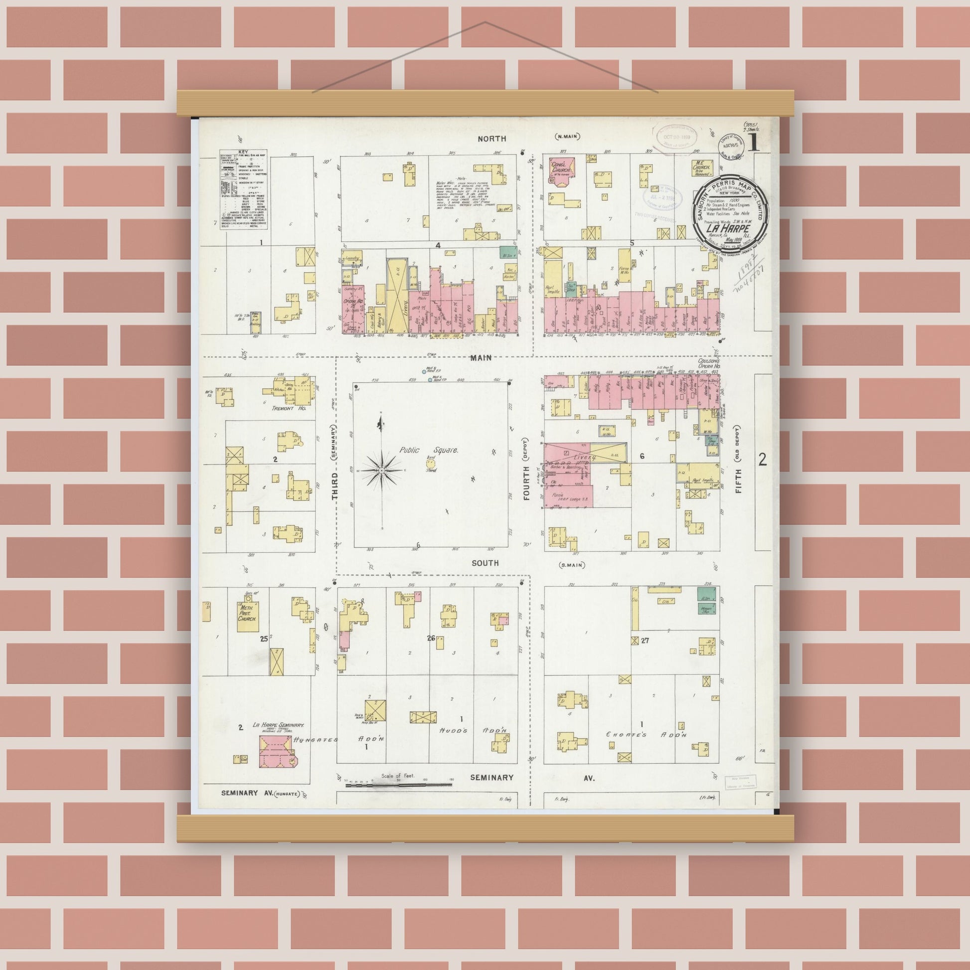 Old map wall art mockup — magnetic wood frame on brick wall — Sanborn Fire Insurance Map from La Harpe, Hancock County, Illinois (1898), Sheet #0001