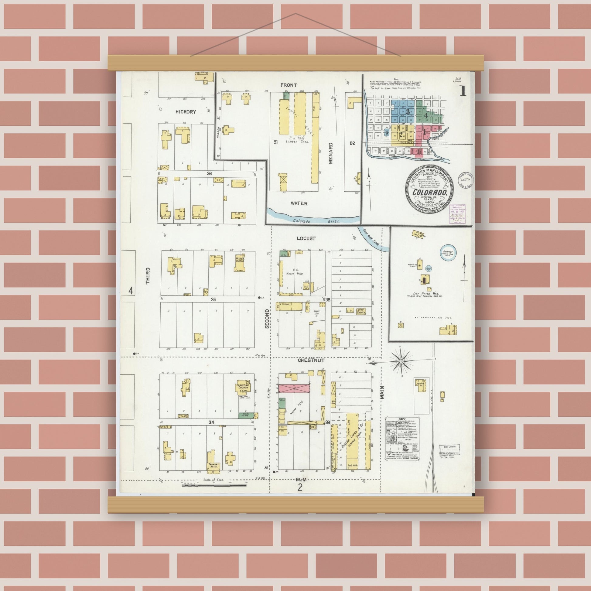 Old map wall art mockup — magnetic wood frame on brick wall — Sanborn Fire Insurance Map from Colorado, Mitchell County, Texas (1902), Sheet #0001
