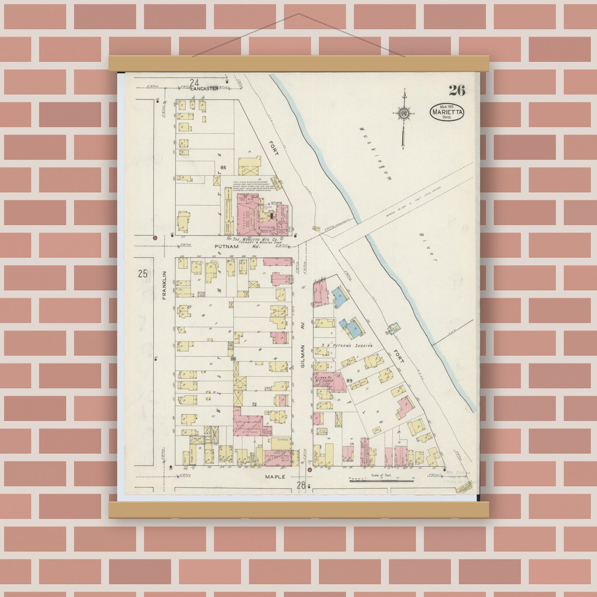 Old map wall art mockup — magnetic wood frame on brick wall — Sanborn Fire Insurance Map from Marietta, Washington County, Ohio (1915), Sheet #0026