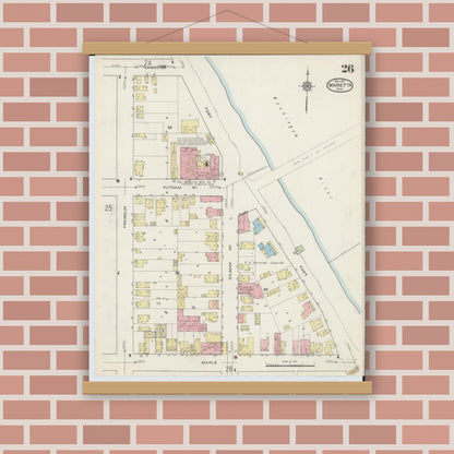 Old map wall art mockup — magnetic wood frame on brick wall — Sanborn Fire Insurance Map from Marietta, Washington County, Ohio (1915), Sheet #0026