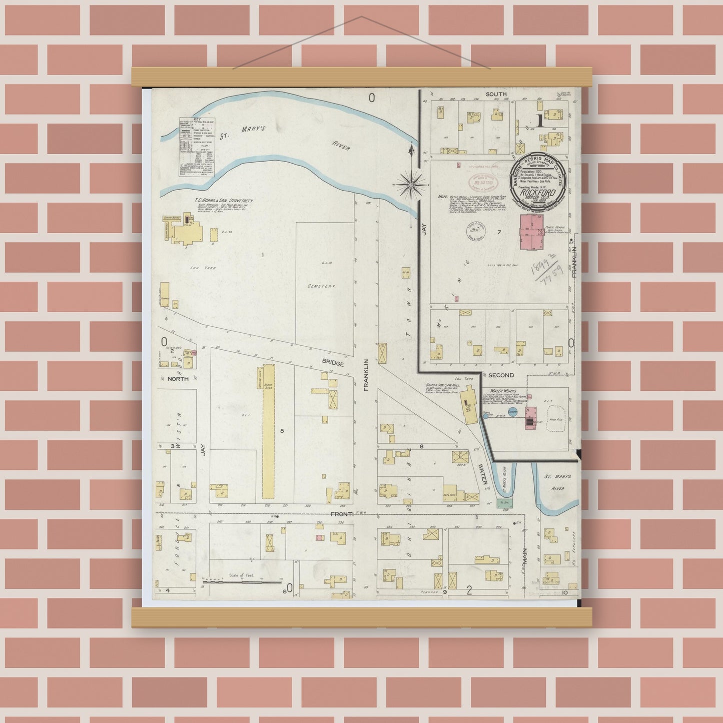 Old map wall art mockup — magnetic wood frame on brick wall — Sanborn Fire Insurance Map from Rockford, Mercer County, Ohio (1899), Sheet #0001