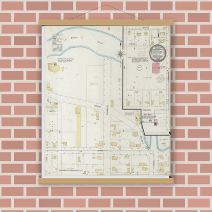 Old map wall art mockup — magnetic wood frame on brick wall — Sanborn Fire Insurance Map from Rockford, Mercer County, Ohio (1899), Sheet #0001