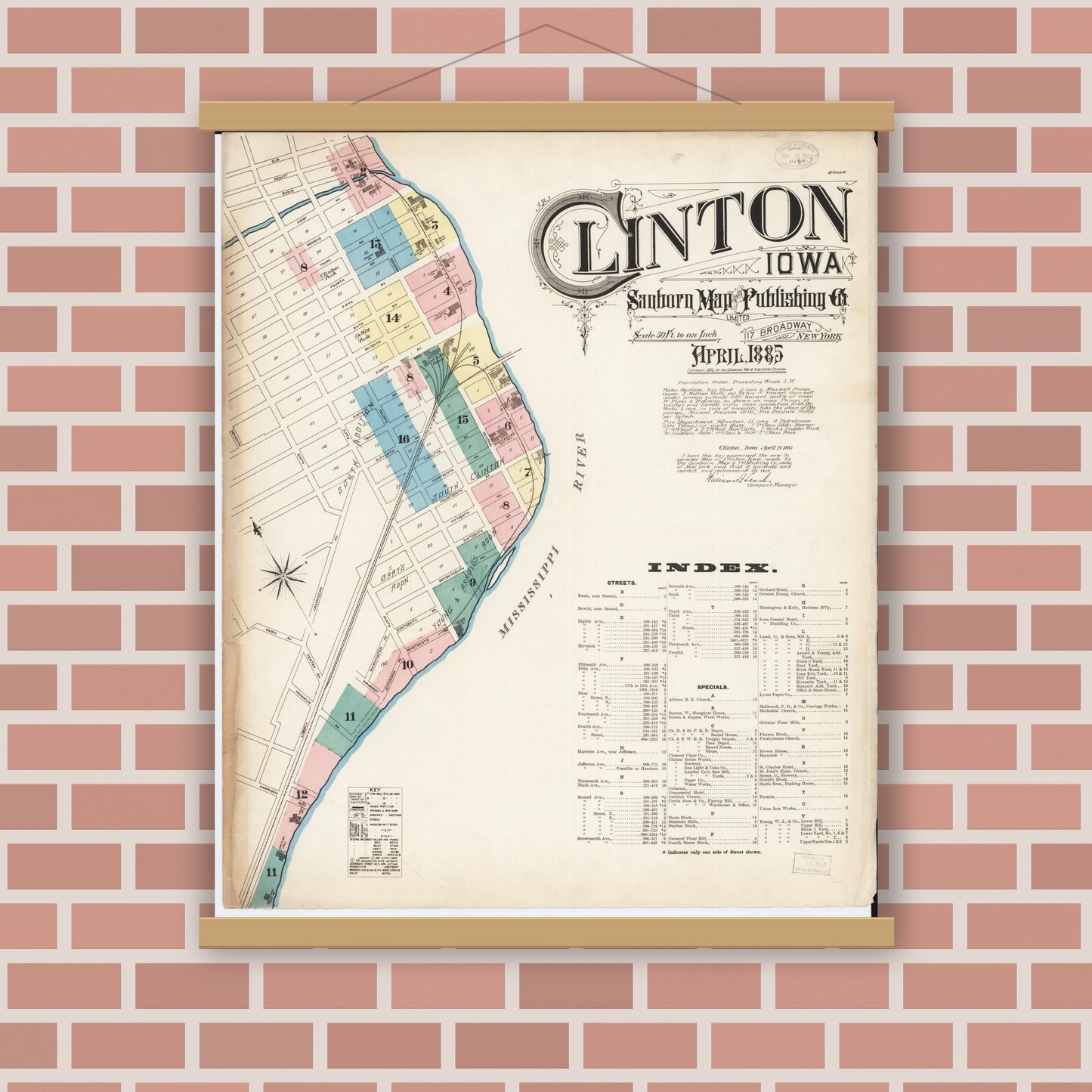 Old map wall art mockup — magnetic wood frame on brick wall — Sanborn Fire Insurance Map from Clinton, Clinton County, Iowa (1885), Sheet #0001