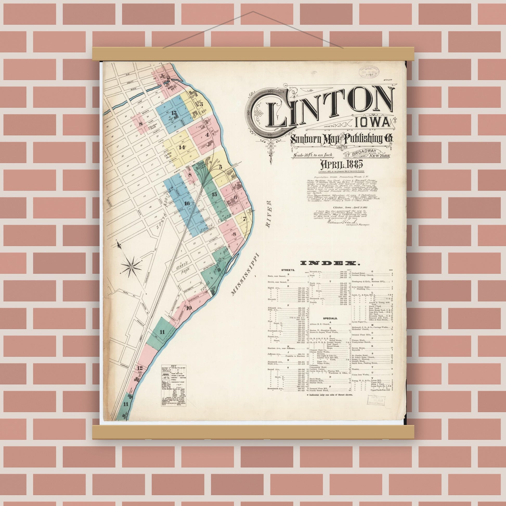 Old map wall art mockup — magnetic wood frame on brick wall — Sanborn Fire Insurance Map from Clinton, Clinton County, Iowa (1885), Sheet #0001