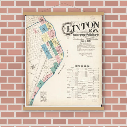 Old map wall art mockup — magnetic wood frame on brick wall — Sanborn Fire Insurance Map from Clinton, Clinton County, Iowa (1885), Sheet #0001