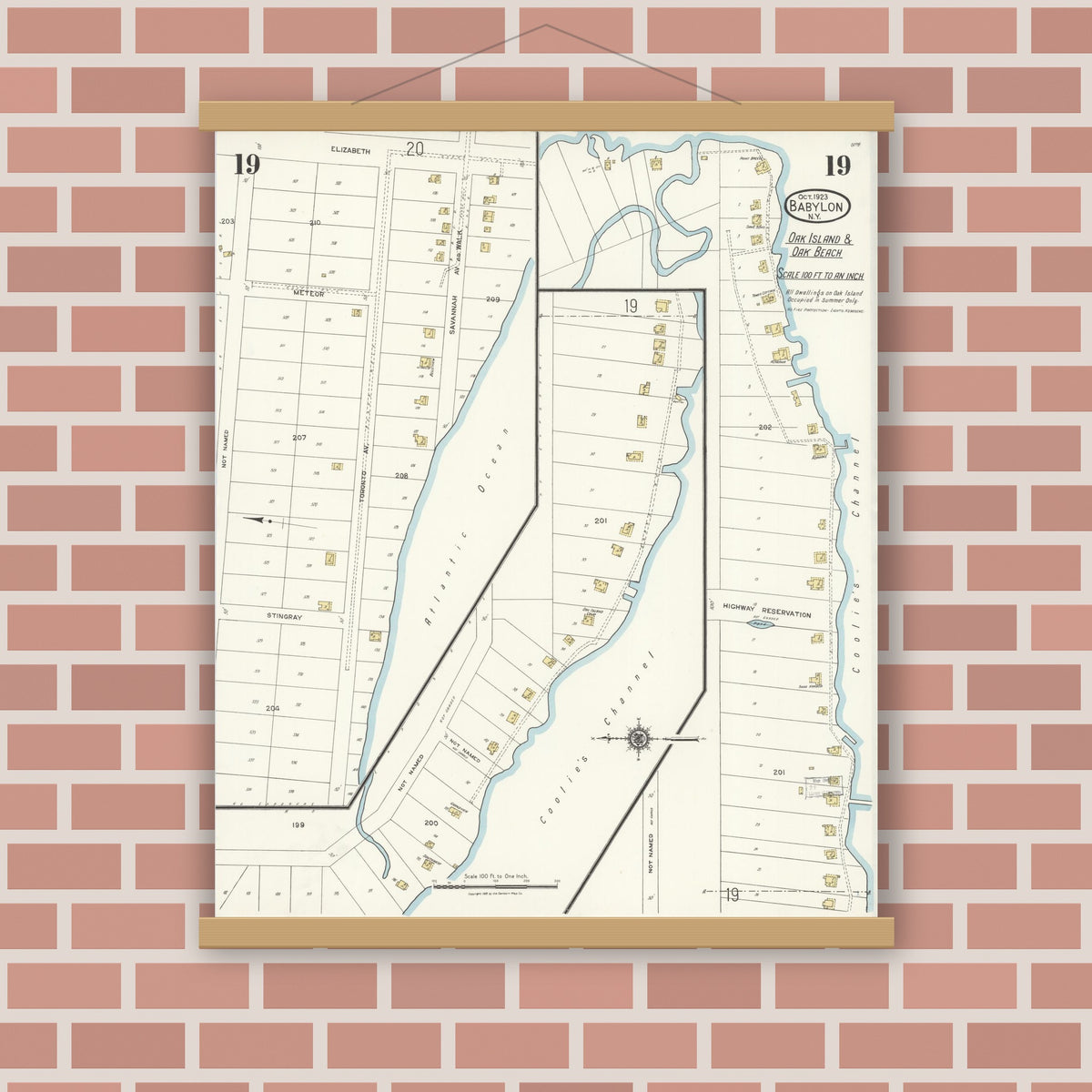 Old map wall art mockup — magnetic wood frame on brick wall — Sanborn Fire Insurance Map from Babylon, Suffolk County, New York (1923), Sheet #0019