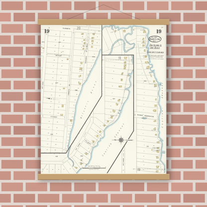 Old map wall art mockup — magnetic wood frame on brick wall — Sanborn Fire Insurance Map from Babylon, Suffolk County, New York (1923), Sheet #0019