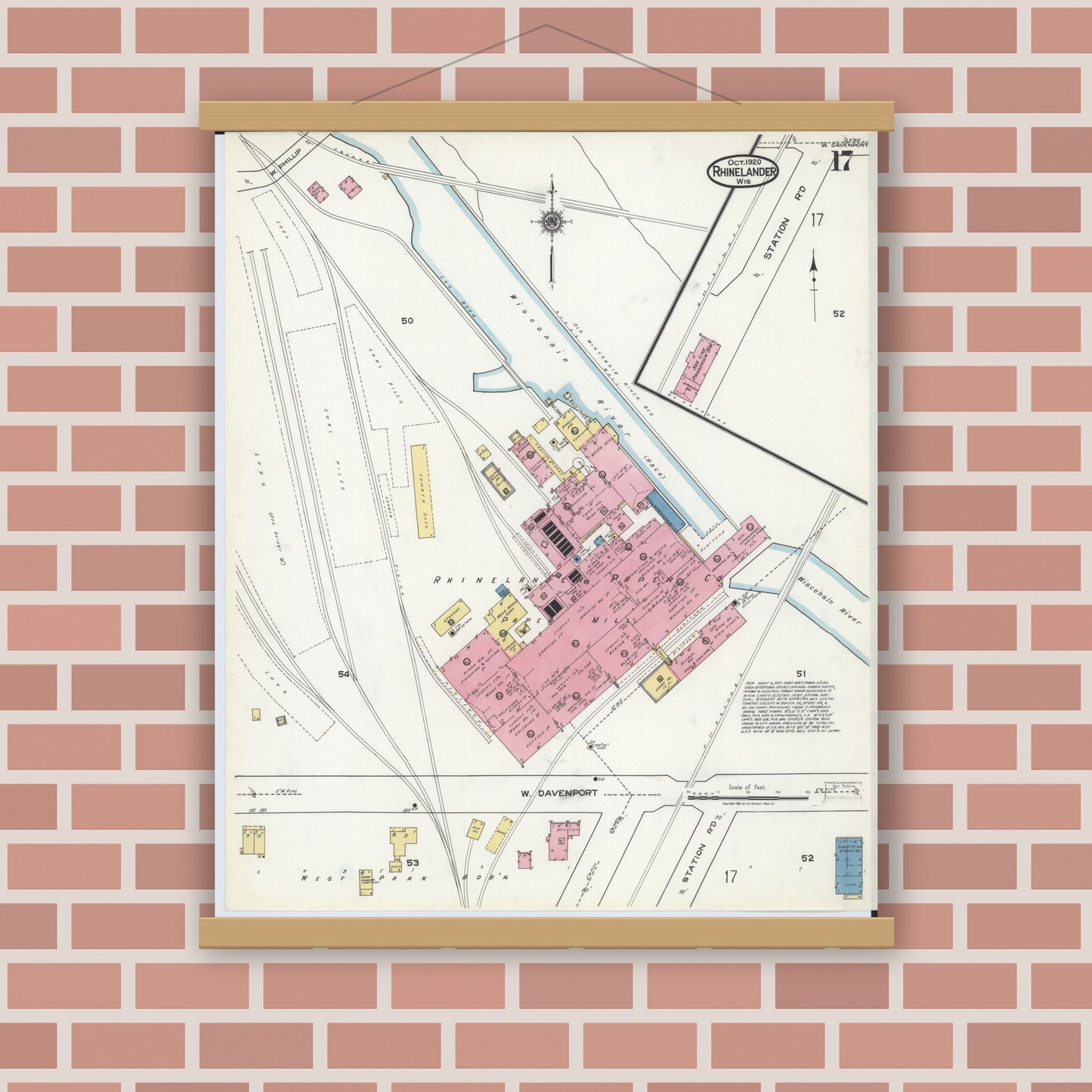 Old map wall art mockup — magnetic wood frame on brick wall — Sanborn Fire Insurance Map from Rhinelander, Oneida County, Wisconsin (1920), Sheet #0017