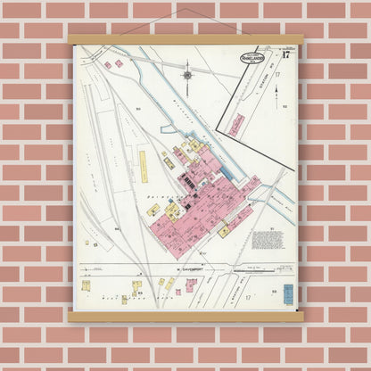 Old map wall art mockup — magnetic wood frame on brick wall — Sanborn Fire Insurance Map from Rhinelander, Oneida County, Wisconsin (1920), Sheet #0017