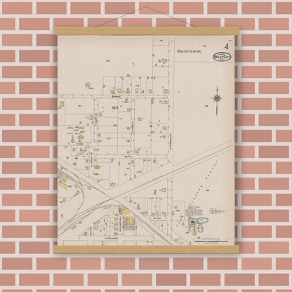 Old map wall art mockup — magnetic wood frame on brick wall — Sanborn Fire Insurance Map from Wolfe City, Hunt County, Texas (1922), Sheet #0004