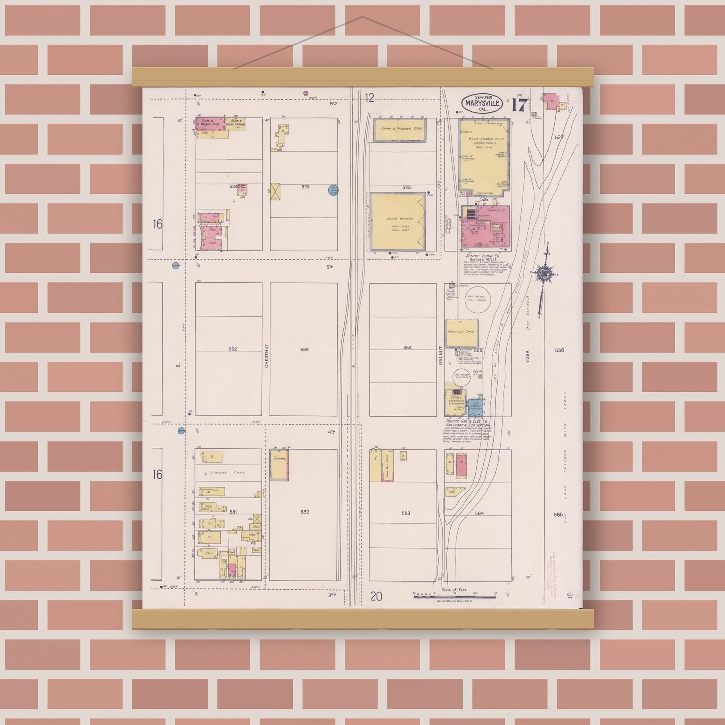 Old map wall art mockup — magnetic wood frame on brick wall — Sanborn Fire Insurance Map from Marysville, Yuba County, California (1921), Sheet #0017