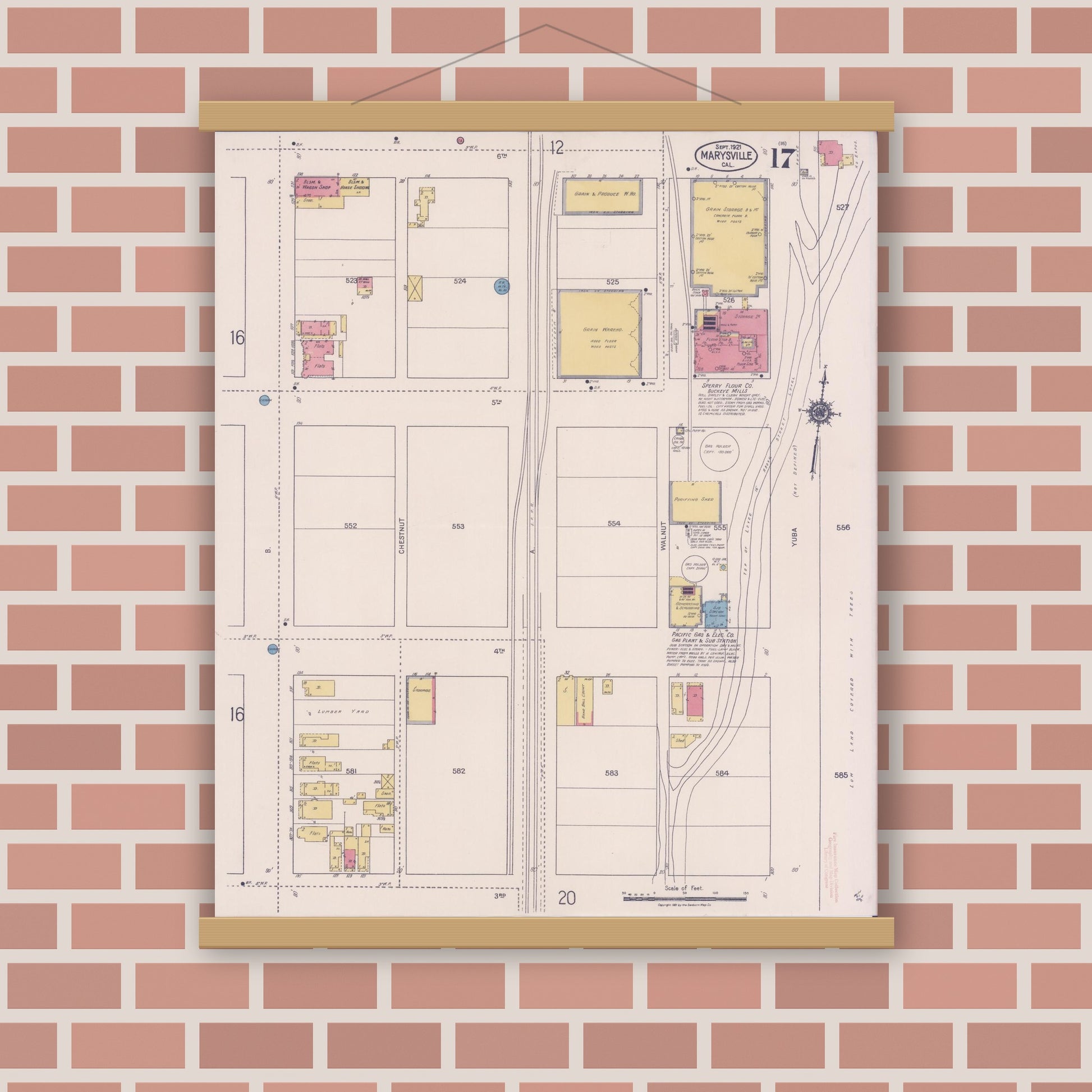 Old map wall art mockup — magnetic wood frame on brick wall — Sanborn Fire Insurance Map from Marysville, Yuba County, California (1921), Sheet #0017