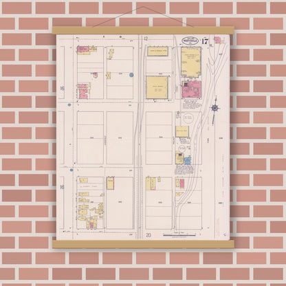 Old map wall art mockup — magnetic wood frame on brick wall — Sanborn Fire Insurance Map from Marysville, Yuba County, California (1921), Sheet #0017