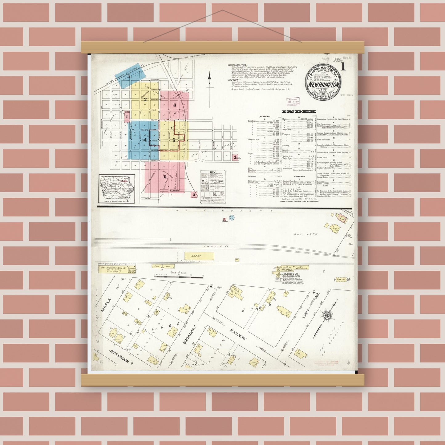 Old map wall art mockup — magnetic wood frame on brick wall — Sanborn Fire Insurance Map from New Hampton, Chickasaw County, Iowa (1913) â€” Complete Set