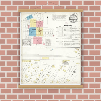 Old map wall art mockup — magnetic wood frame on brick wall — Sanborn Fire Insurance Map from New Hampton, Chickasaw County, Iowa (1913) â€” Complete Set