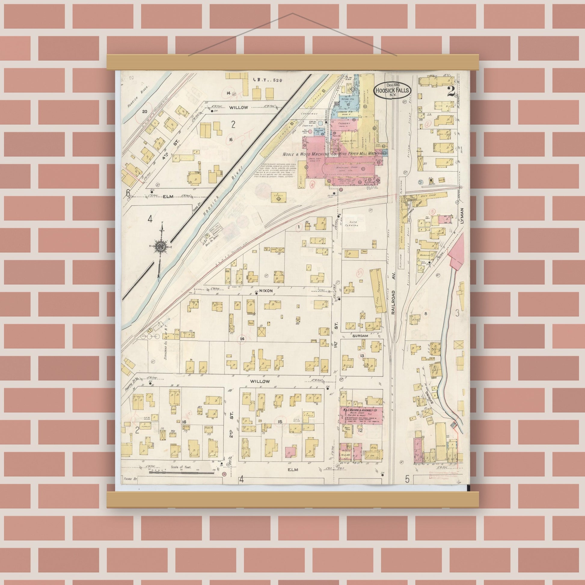 Old map wall art mockup — magnetic wood frame on brick wall — Sanborn Fire Insurance Map from Hoosick Falls, Rensselaer County, New York (1945), Sheet #0002