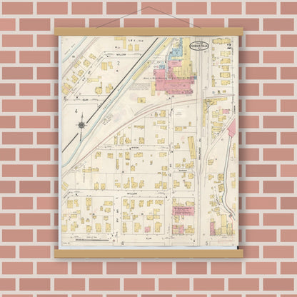 Old map wall art mockup — magnetic wood frame on brick wall — Sanborn Fire Insurance Map from Hoosick Falls, Rensselaer County, New York (1945), Sheet #0002