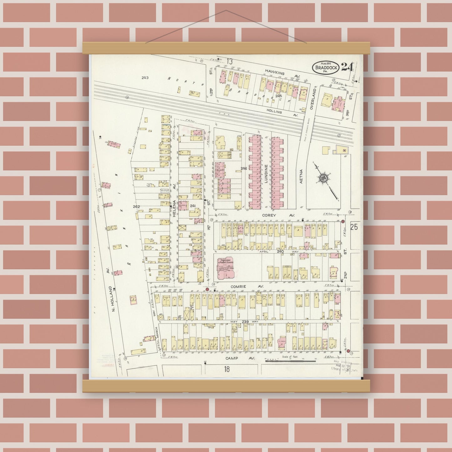 Old map wall art mockup — magnetic wood frame on brick wall — Sanborn Fire Insurance Map from Braddock, Allegheny County, Pennsylvania (1914), Sheet #0024